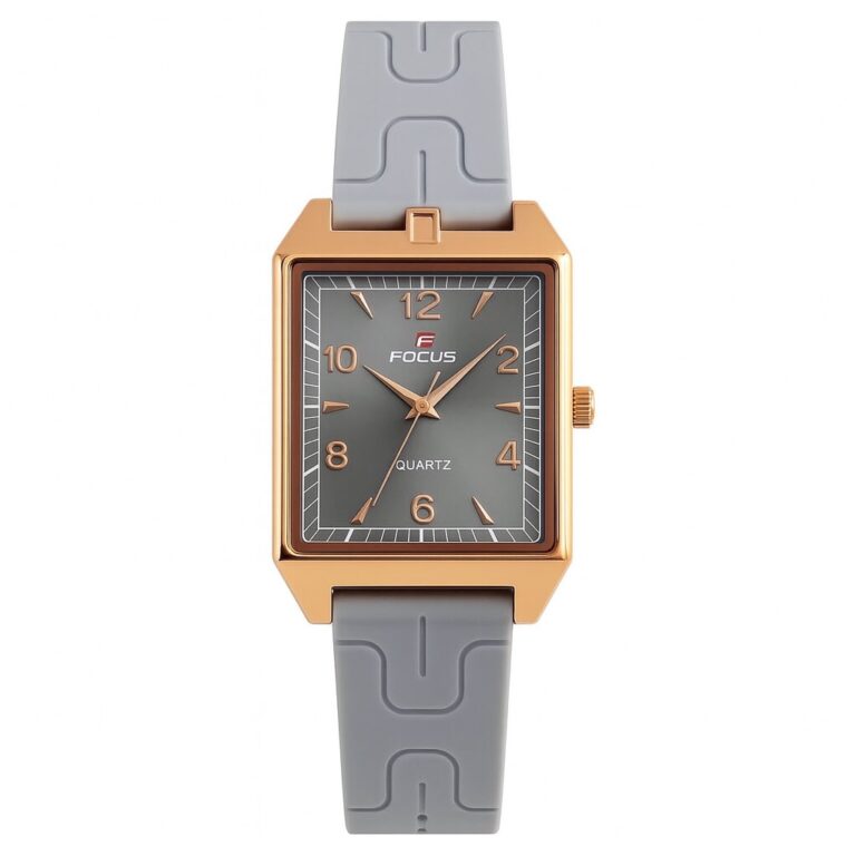 Focus Rose Gold Rectangular Watch – Modern Quartz with Grey Strap