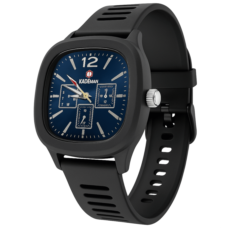 KADEMAN Men’s Luxury Chronograph Wristwatch – Black Silicone Strap & Blue Dial