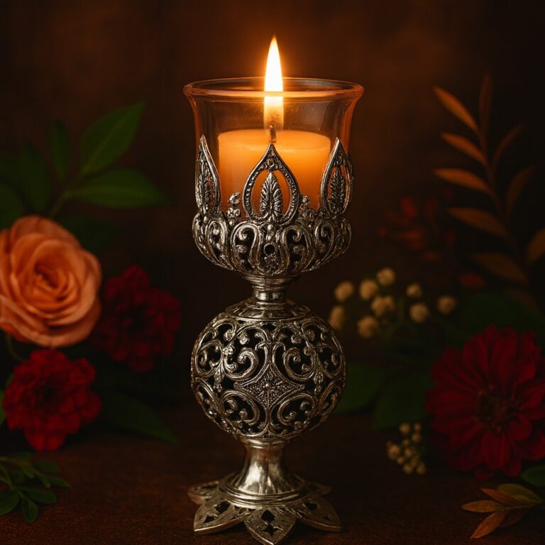 Elegant Silver Filigree Candle Holder with Glass Cup and Decorative Floral Accents
