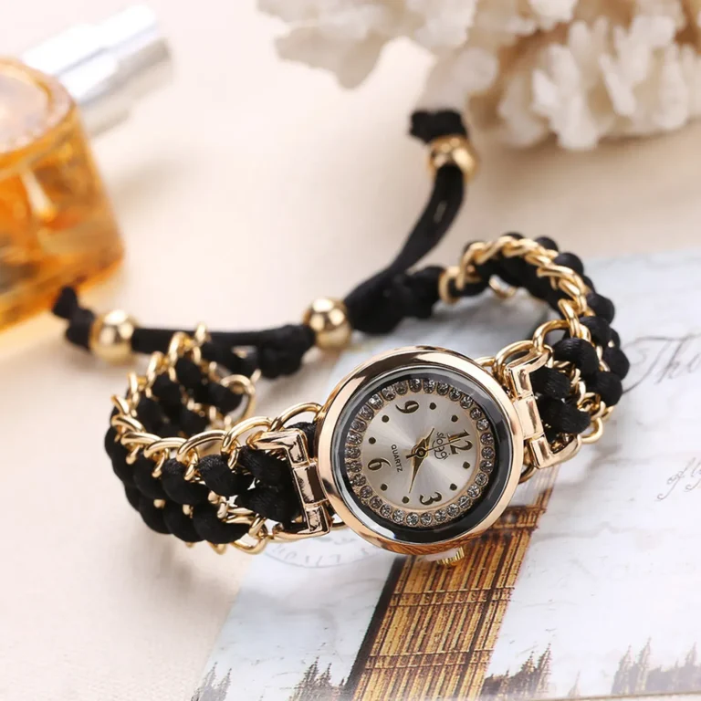 Women’s Luxury Crystal Bracelet Watch – Gold & Black Braided Design